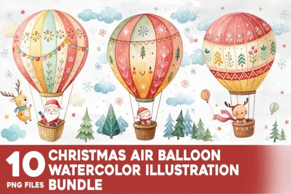 Christmas Air Balloon Watercolor Bundle for Illustrations