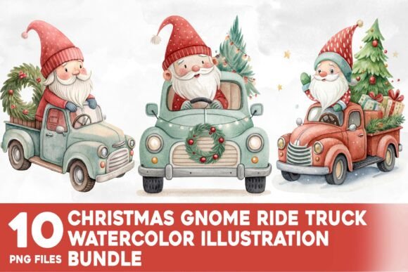 Christmas Gnome Ride Truck Watercolor