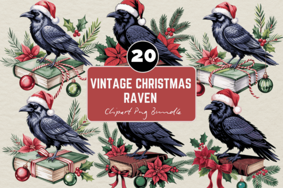 Christmas Raven Clipart PNG Bundle for Illustrations
