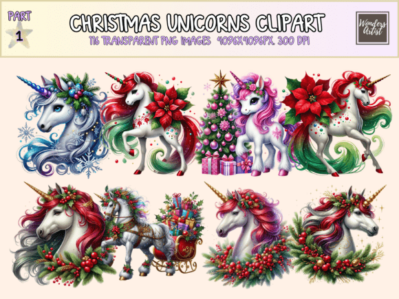Christmas Unicorns Clipart for Modern Illustrations