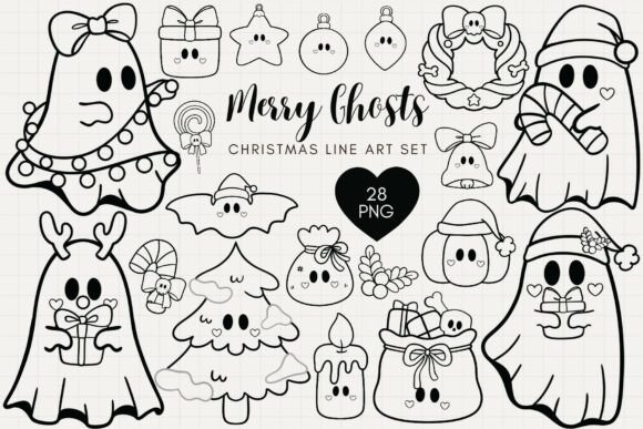 Merry Ghosts Christmas Line Art Set