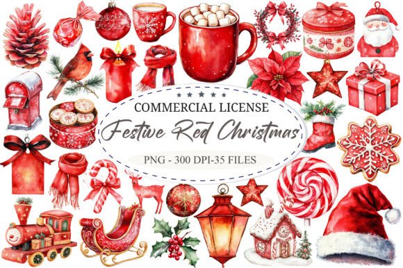 Red Christmas Watercolor Clipart for Holiday Illustrations